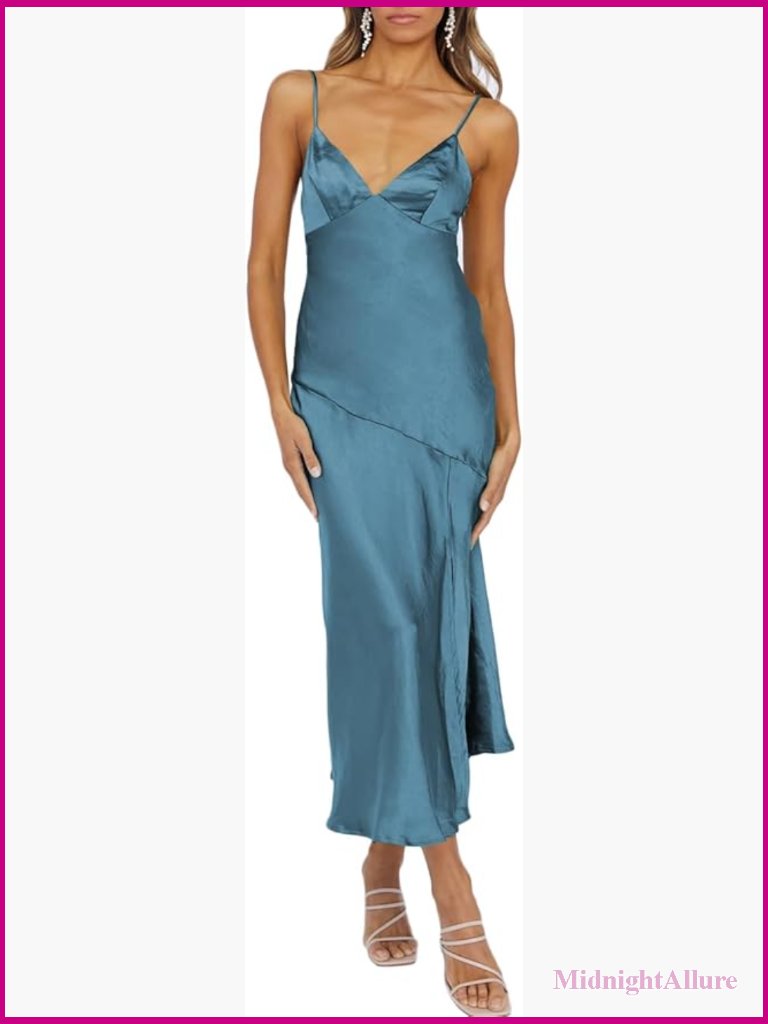 V Neck Spaghetti Strap Backless Satin Midi Dress With Slit